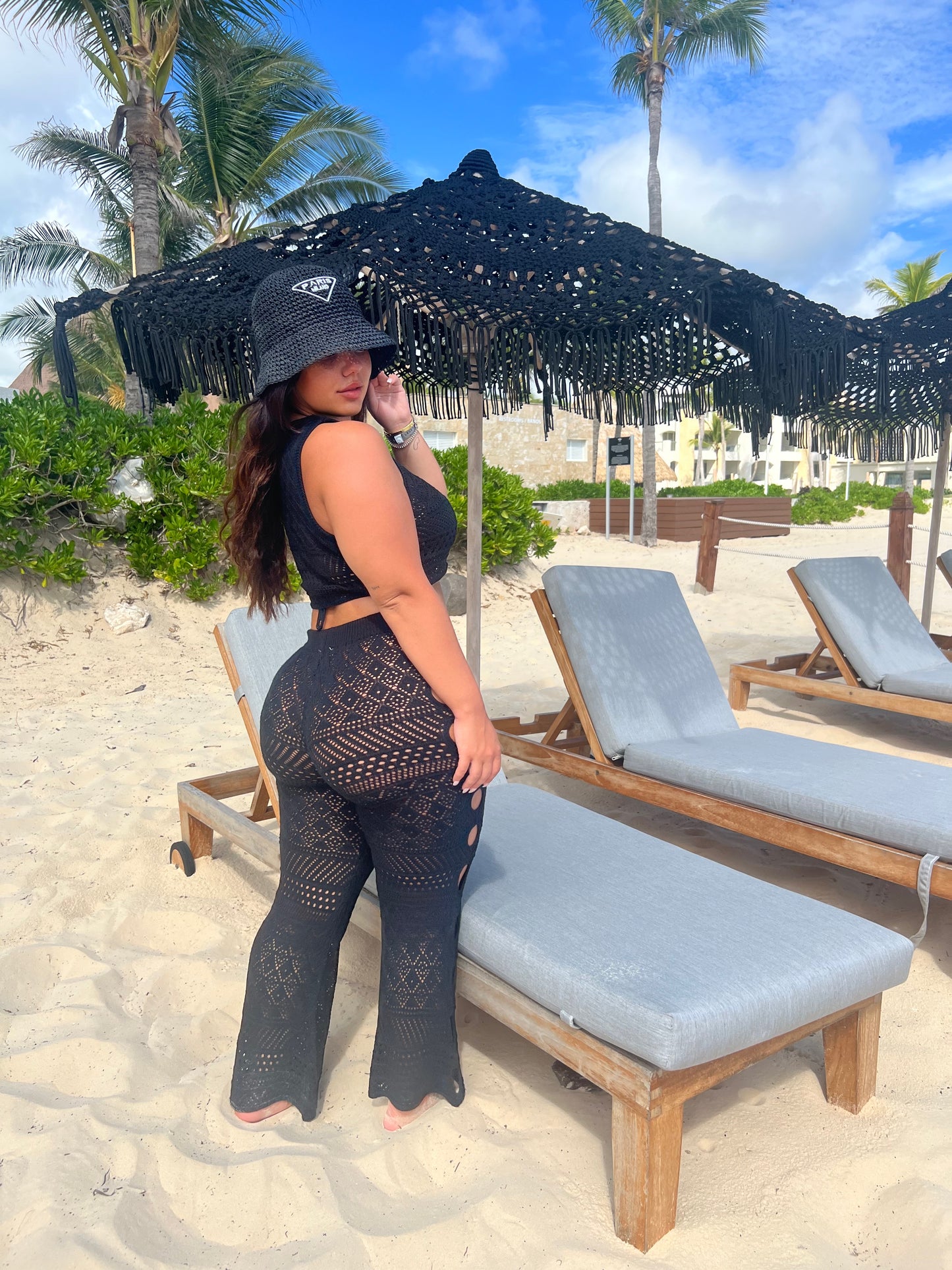 black crochet pant set